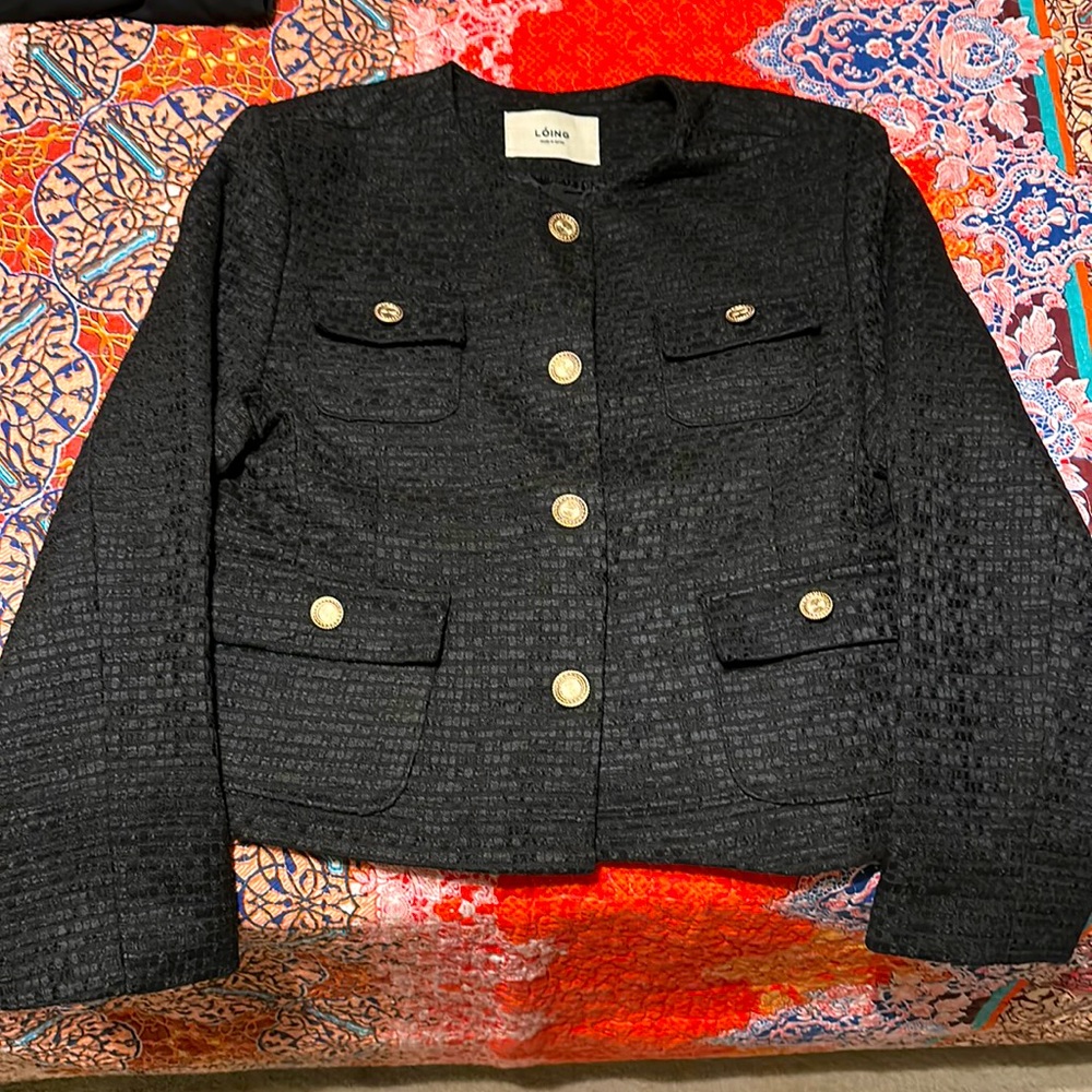 Korean brand (Loing) black tweed jacket with gold tone buttons